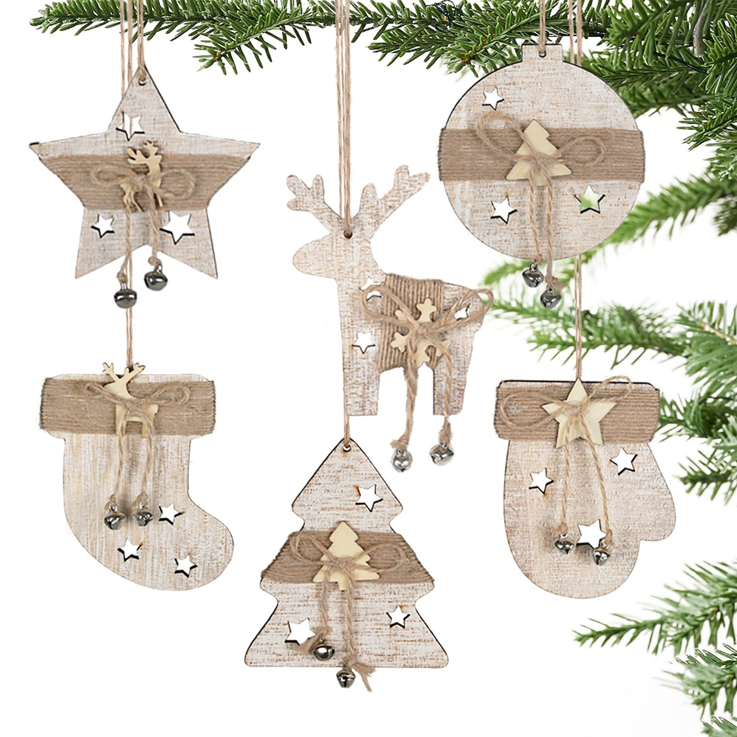 Partybus Wooden Christmas Ornaments, Set of 12 Farmhouse Rustic Burlap Christmas Tree Ornaments Decorations with Drawstrings for Gifts Cards, DIY Crafts, New Year Décor