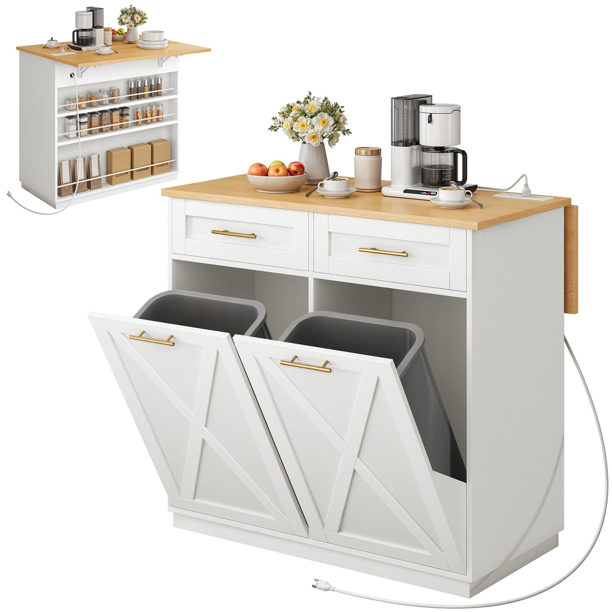 YITAHOME Double Tilt Out Trash Cabinet 10 Gallon with Drop Leaf & Power Outlet, Rolling Kitchen Island Trash Can Recycling Cabinet w Drawer, Pet Proof Garbage Bin Storage for Kitchen, White Oak YITAHOME