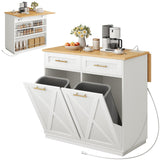 YITAHOME Double Tilt Out Trash Cabinet 10 Gallon with Drop Leaf & Power Outlet, Rolling Kitchen Island Trash Can Recycling Cabinet w Drawer, Pet Proof Garbage Bin Storage for Kitchen, White Oak YITAHOME