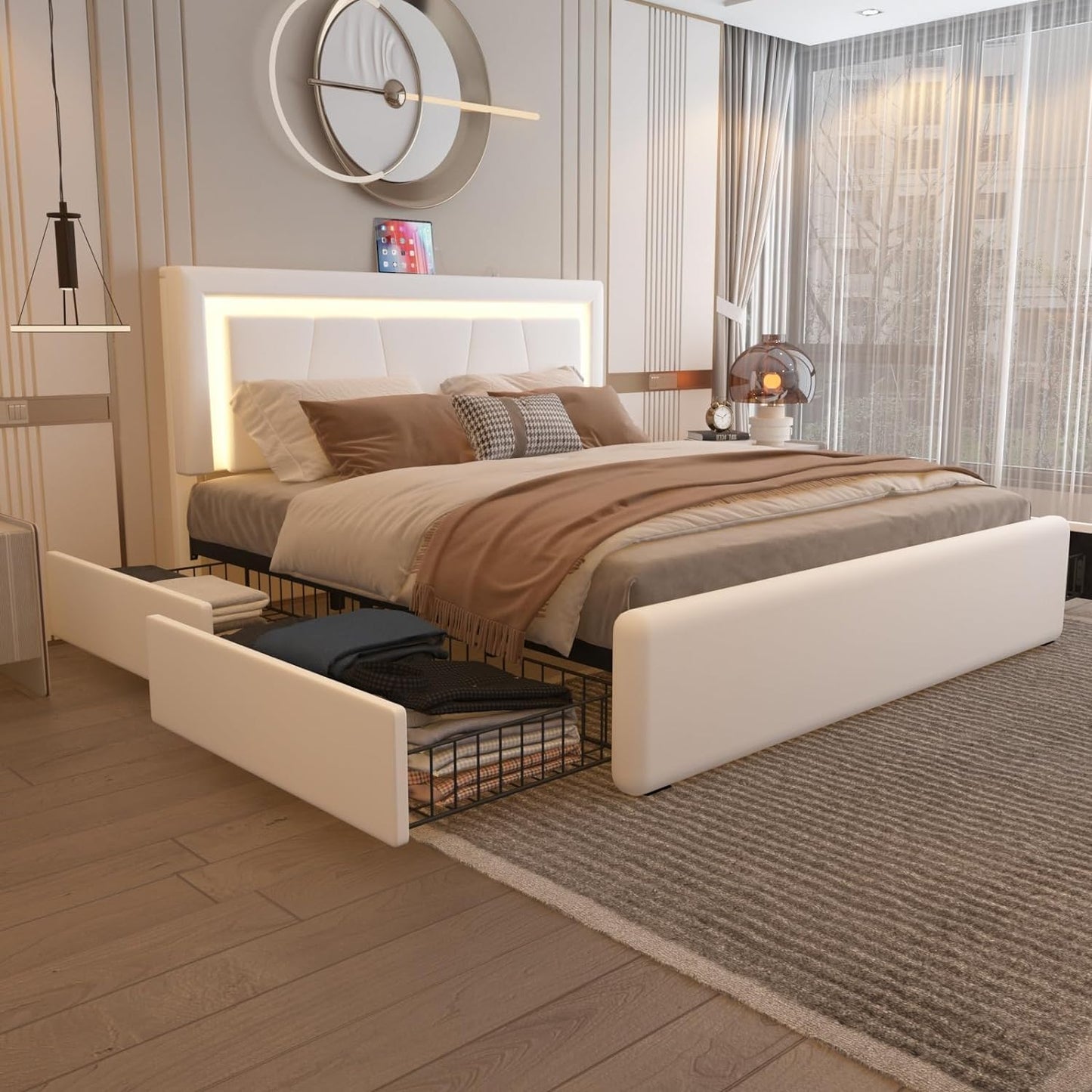 Kallabe White LED King Bed Frame with Storage Drawers and Charging Station - WoodArtSupply