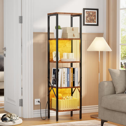 Furologee 5 Tier Bookshelf with LED Lights, Tall Display Shelf with Back, Industrial Narrow Bookcase, Metal and Wooden Corner Storage Standing Rack for Bedroom, Living Room, Office, Rustic Brown