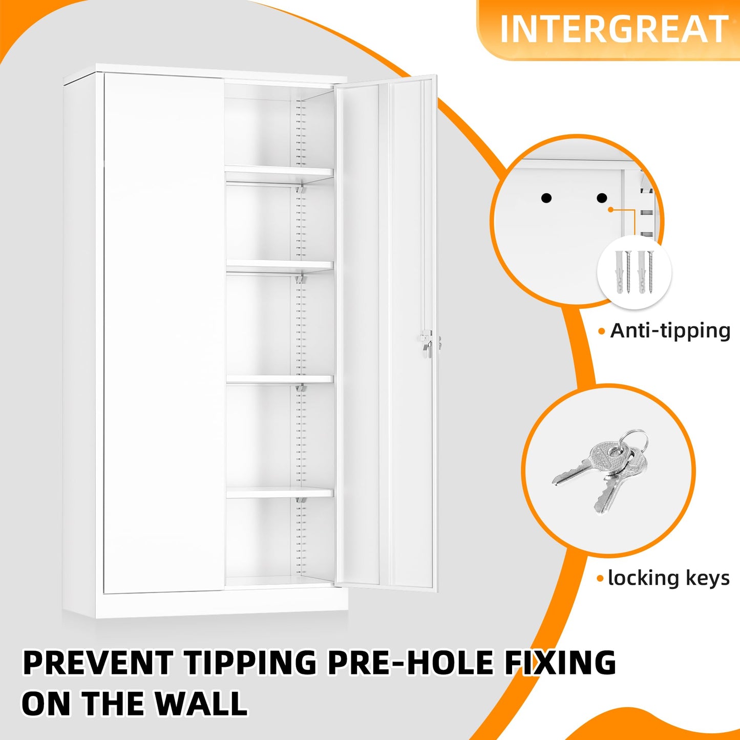 INTERGREAT Metal Wardrobe Closet, 72" White Locking Storage Wardrobe Cabinet with Doors and Shelves, Tall Steel Clothes Storage for Office, Home, School, Gym - WoodArtSupply