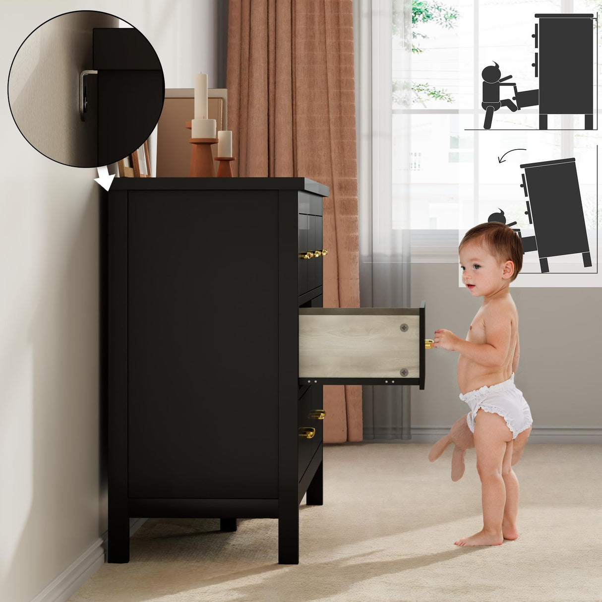 Tradare Black Dresser for Bedroom, 7 Drawer Wood Double Dresser with Golden Handles, Wide Chest of Organizer Storage Drawers for Living Room, Hallway, Entryway Tradare