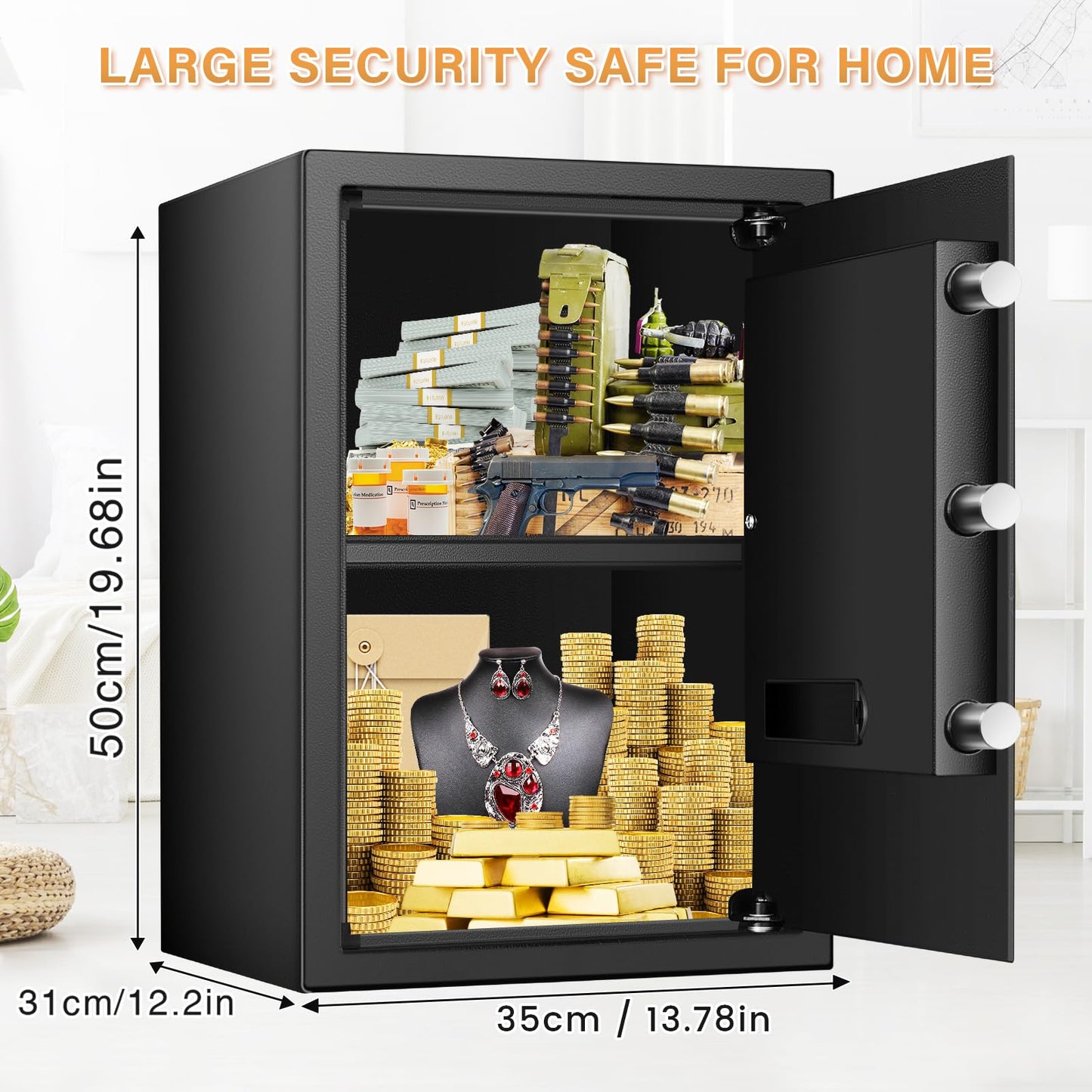 3.0 Cub Large Home Safe Fireproof Waterproof, Anti-theft Fireproof Safe Box with Programmable Keypad, Spare Keys and Removable Shelf, Digital Security Safe for Home Money Firearm Documents Medicines