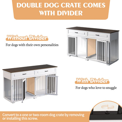 PIAOMTIEE Dog Crate Furniture, 72.4 Inch Wooden Dog Kennel, Modern Decorative Dog Crate End Table, Dog House with Double Doors, Drawers, Divider, Indoor Dog Cage for Large Medium Dogs, White - WoodArtSupply