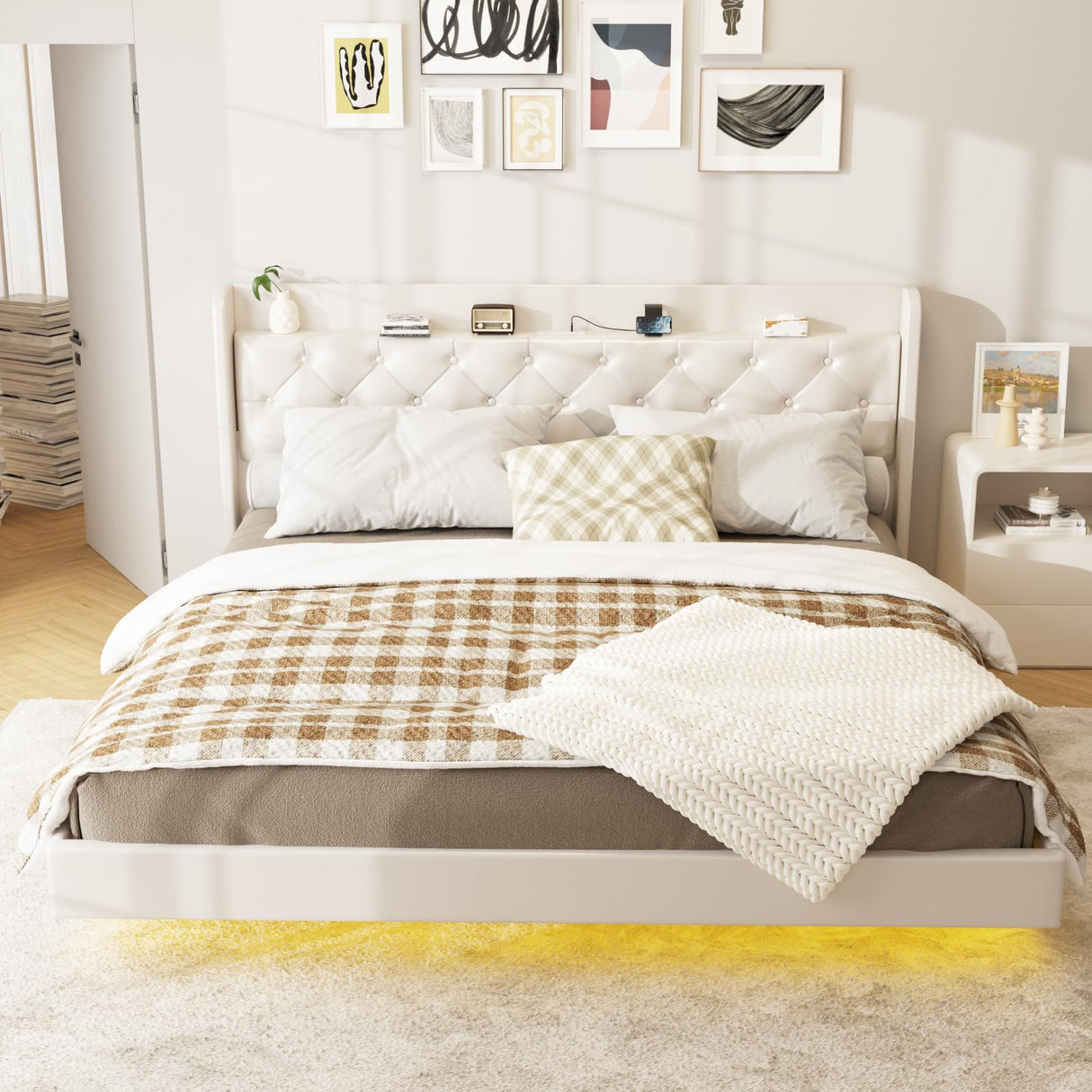 Halitaa White King Size Floating Bed Frame with LED Lights and Charging Station Halitaa