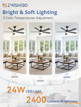 ZMISHIBO Ceiling Fans with Lights and Remote, 52 Inch Black Modern, with 24W 2400LM High Bright LED Light, Quiet Powerful DC Pure Copper Motor for Bedroom, Kitchen, Living Room ZMISHIBO