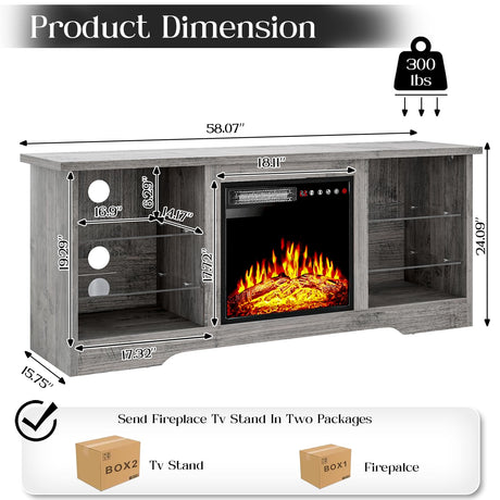 VITESSE 58 Inches Fireplace TV Stand for TVs up to 65 Inches Console with 18'' Electric Fireplace & Remote,Wooden Modern Entertainment Center for Living Room with LED Light Glass Shelves（Gray） VITESSE
