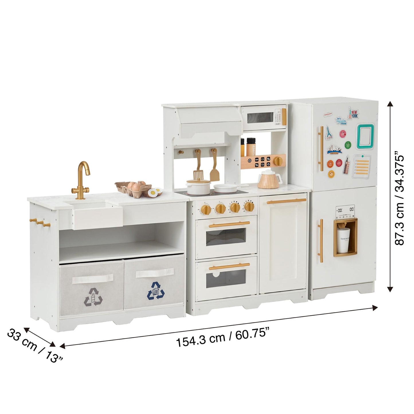 Teamson Kids Little Chef Atlanta Large Modular Wooden Play Kitchen with Interactive, Realistic Features, and 17 Kitchen Accessories, for 3yrs and up, Blue/White/Gold