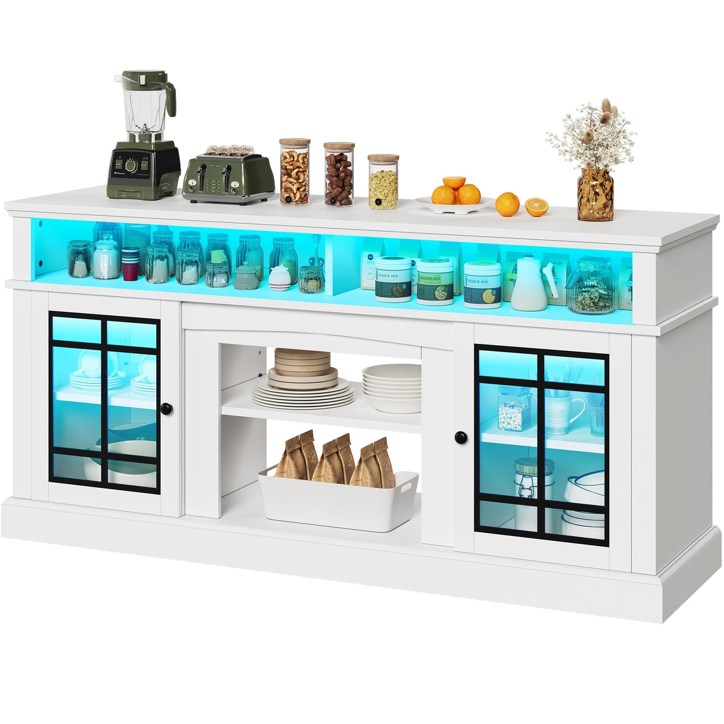 YITAHOME Farmhouse Sideboard Buffet Cabinet with LED Light, 65'' Large Kitchen Cabinet w/Storage, Tempered Glass Doors, Adjustable Shelf, 32'' Tall Coffee Bar Table for Living Room, Dining Room, White