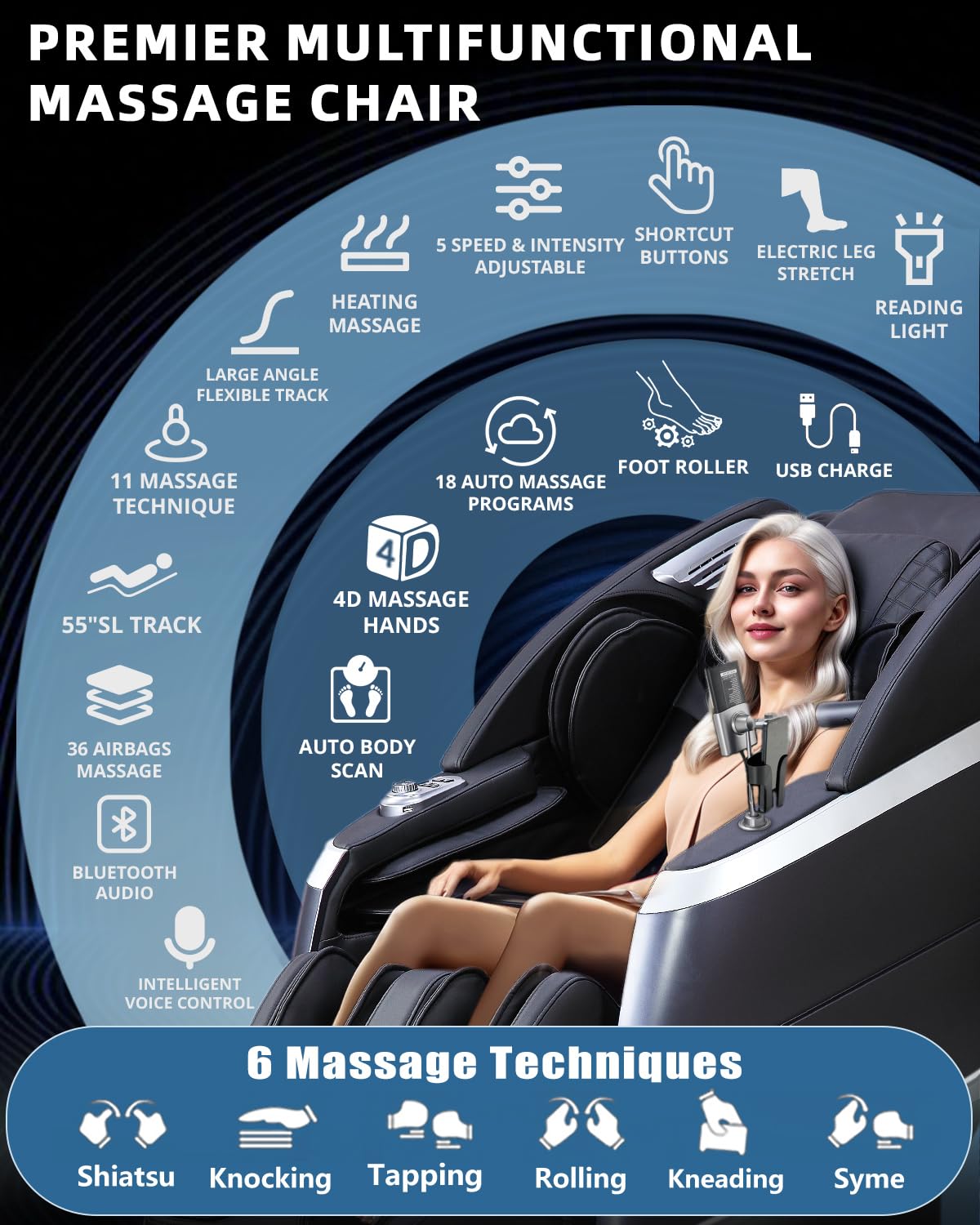RelaxRelife 4D Full Body Massage Chair with Flexible 166° Track, Reading Light, 18 Massage Modes, 11 Techniques, 36 Airbags, Zero Gravity Recliner with Yoga Stretch and Foot Massage Black RelaxRelife