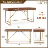 Homes: Inside + Out Lizon Modern 60 Inch Wood Desk With Drawers, Office Table With Storage, Vanity Without Mirror For Bedroom, Study Room, Dorm, Light Walnut Brown & Gold HOMES: INSIDE + OUT