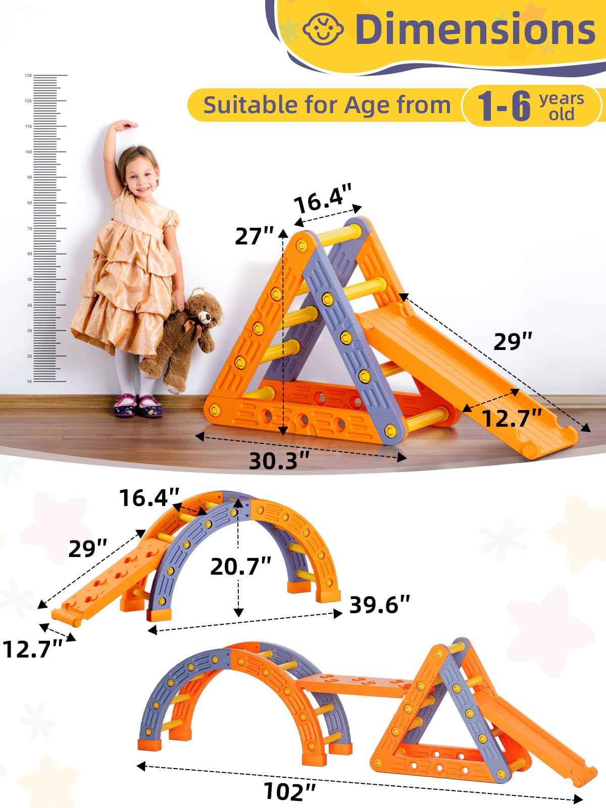 VBABY Climbing Toys for Toddlers 1-6, Pikler Triangle Set 4 in 1, Plastic Indoor Toddler Climbing Toys, Foldable Montessori Pikler Climbing Set, Outdoor Climbing Toys for Kids, Orange & Blue VBABY