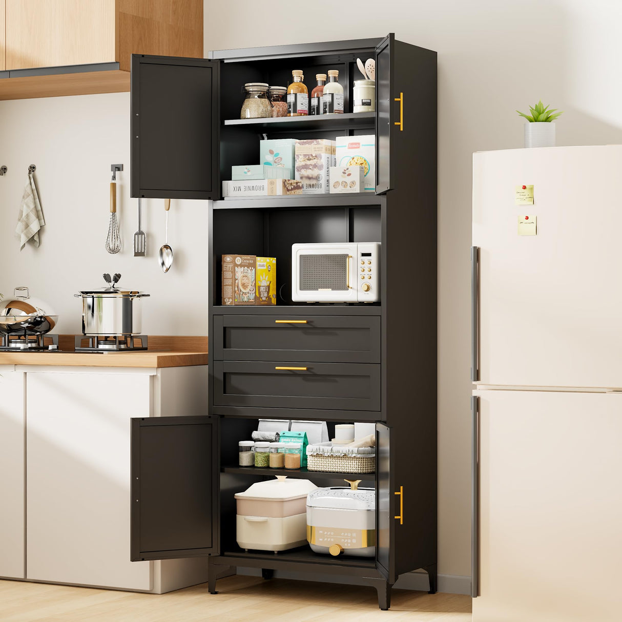 ZLBRDS 75” Tall Kitchen Pantry Storage Cabinet, Metal Storage Cabinet with 2 Drawers and Adjustable Shelves, Kitchen Pantry Cupboard, Freestanding Cupboard for Bathroom, Living Room(Black) ZLBRDS