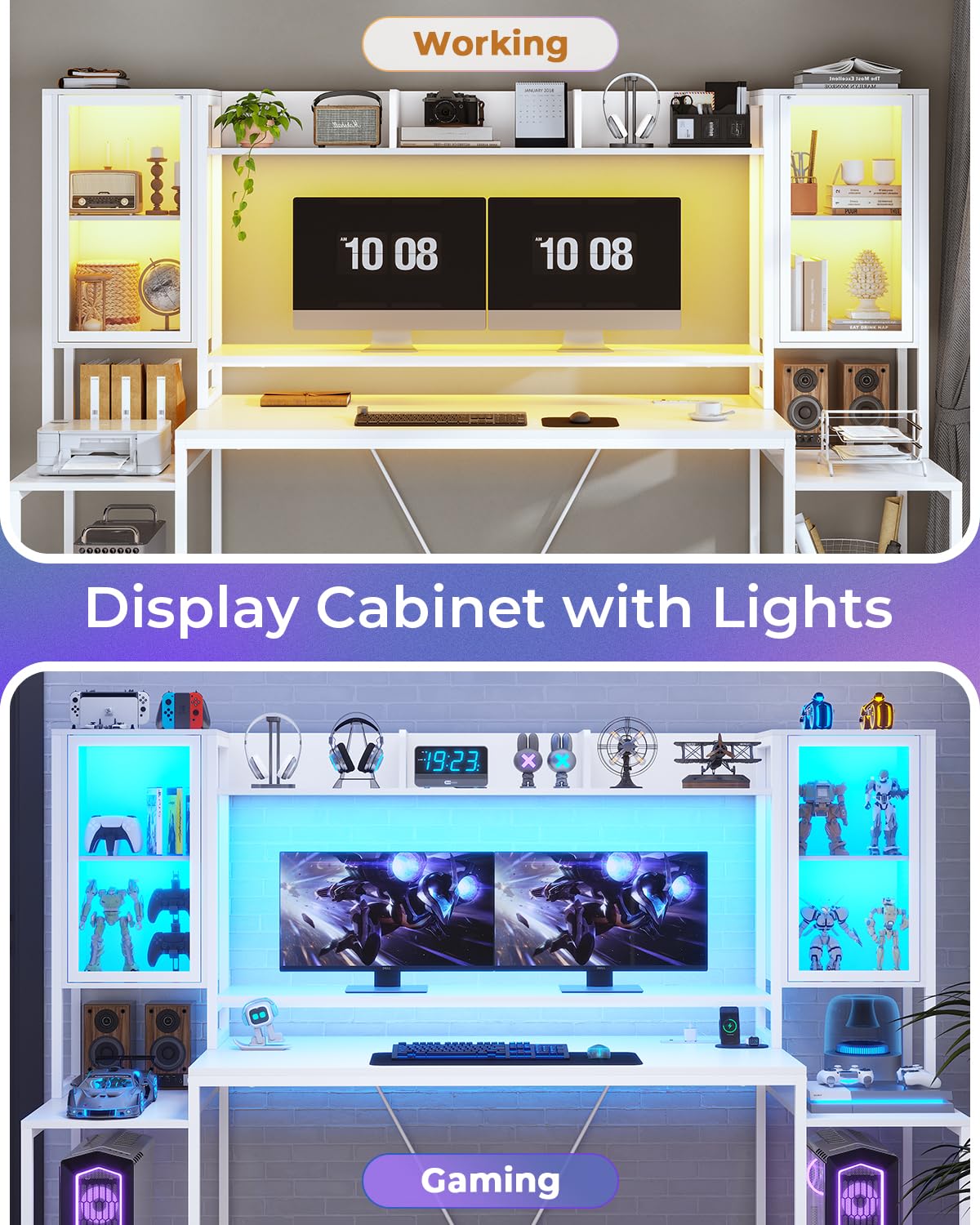 SEDETA Gaming Desk 74.8'' with LED Lights, Hutch and Storage Shelves, Computer Desk with Monitor Stand, Large PC Gamer Desk Workstation, Ergonomic Gaming Table for Bedroom, Living Room, White SEDETA