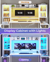 SEDETA Gaming Desk 74.8'' with LED Lights, Hutch and Storage Shelves, Computer Desk with Monitor Stand, Large PC Gamer Desk Workstation, Ergonomic Gaming Table for Bedroom, Living Room, White SEDETA