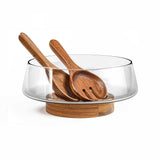 KITEISCAT Extra Large Glass Salad Bowl Set - Salad Bowls for Party with Acacia Wood Base and Salad Serving Utensils - Elegant and Practical Kitchen Must-Have KITEISCAT