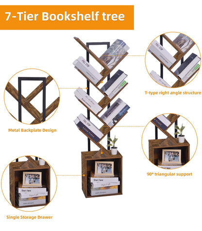 YSVCO 7 Tier Tree Bookshelf, Tall Narrow Wood Book Shelf, Freestanding Bookcase with Storage Cabinet, Floor Standing Display Storage Shelf for CD/Book, Living Room, Home Office Rustic Brown BS36FB