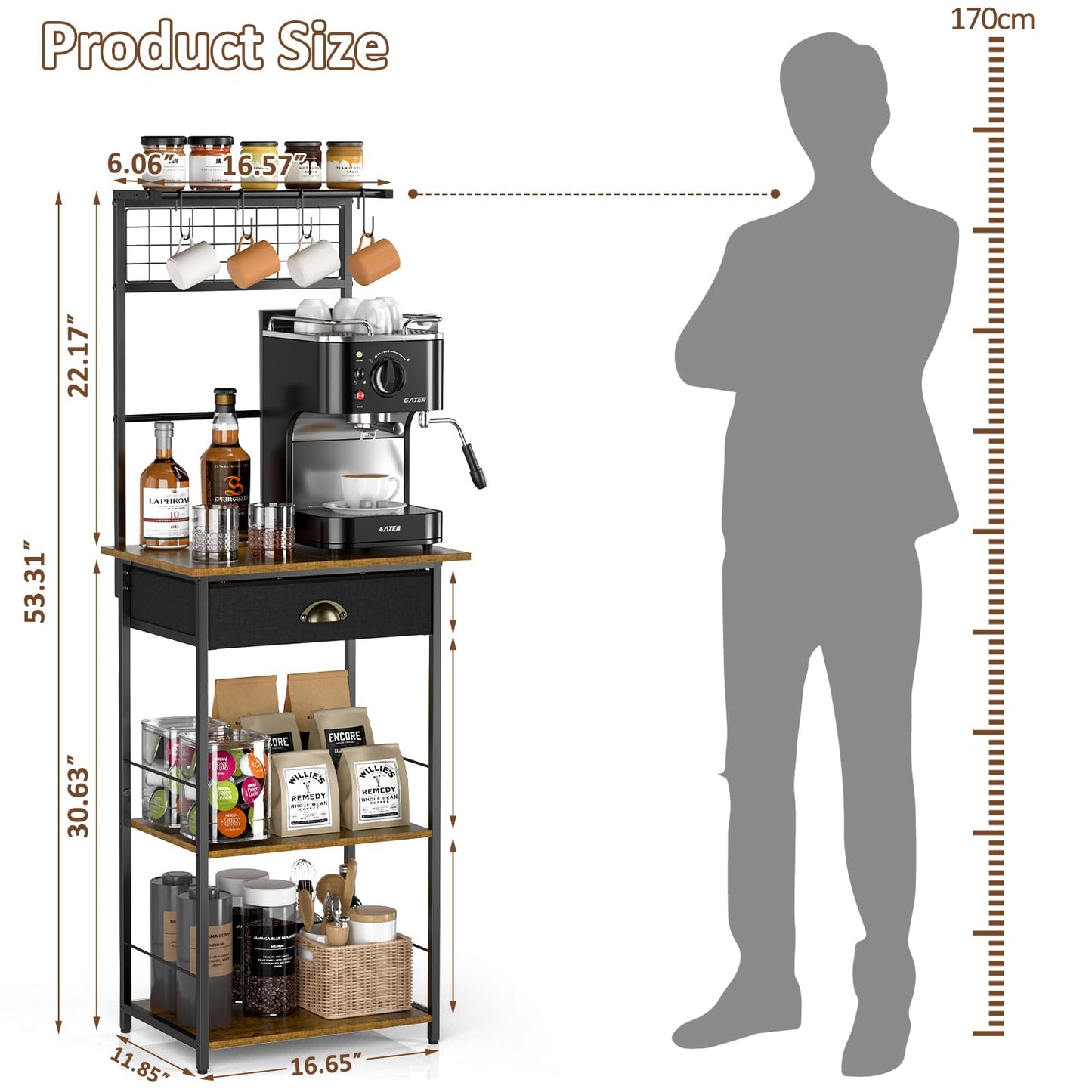 5 Tier Coffee Bar Station with Drawer, Coffee Stand with 4 S-Shaped Hooks, Farmhouse Corner Coffee Bar Cabinet for Small Spaces, Bakers Rack for Kitchen, Living Room, 13.43"D x 18.93"W x 53.31"H