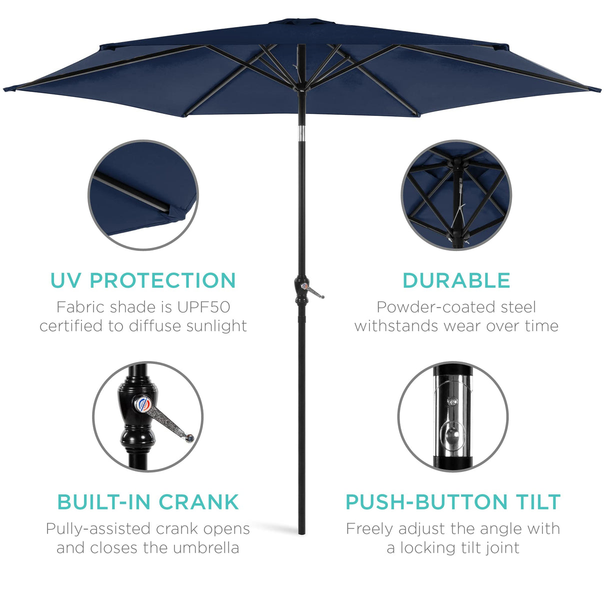 Best Choice Products 10ft Outdoor Steel Polyester Market Patio Umbrella w/Crank, Easy Push Button, Tilt, Table Compatible - Navy Blue Best Choice Products