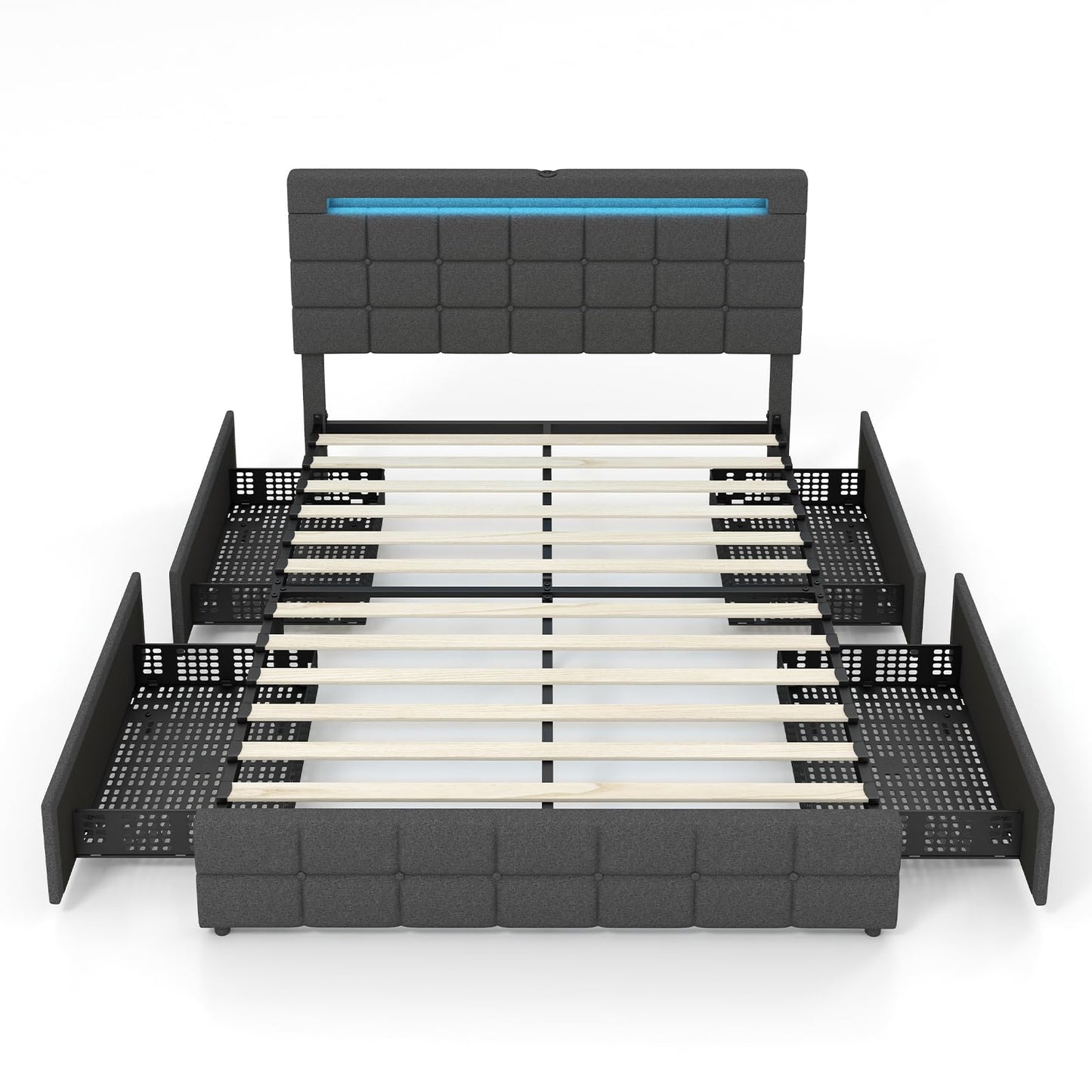 Giantex Grey Upholstered Full Bed Frame with LED Lights, USB Ports and 4 Storage Drawers - WoodArtSupply