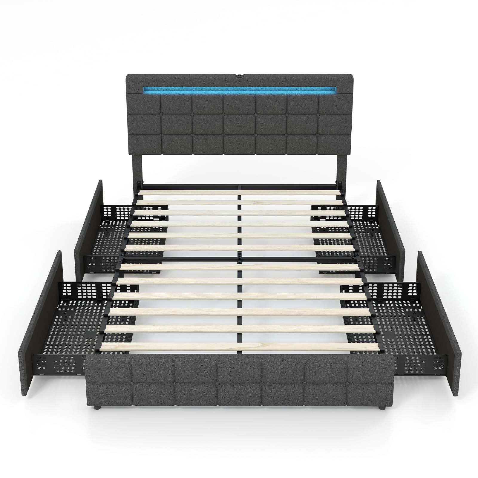 Giantex Grey Upholstered Full Bed Frame with LED Lights, USB Ports and 4 Storage Drawers - WoodArtSupply