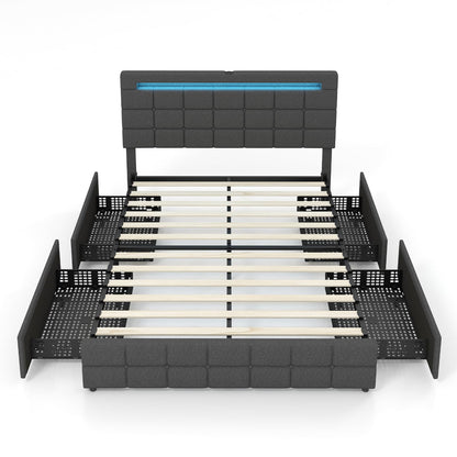 Giantex Grey Upholstered Full Bed Frame with LED Lights, USB Ports and 4 Storage Drawers - WoodArtSupply