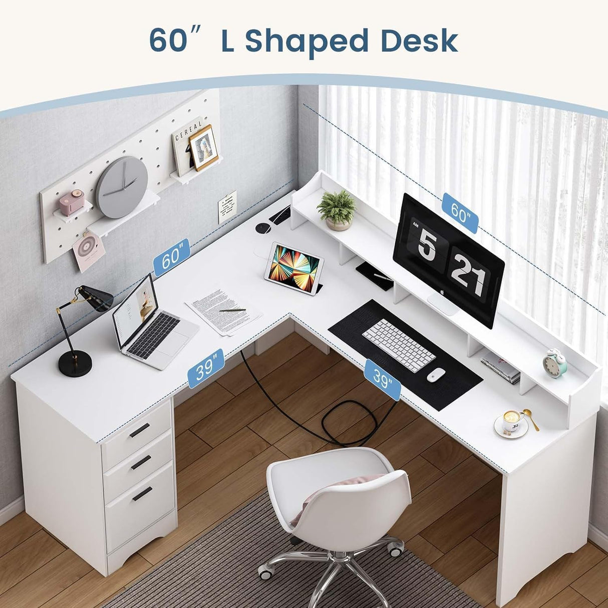 White L Shaped Desk with 3 Drawers, 60 inch White Executive Desk with Drawers and Power Outlet, White L Shaped Desk with File Cabinet, Corner Computer Desk with Moveable Hutch for Bedroom MaverickFurni