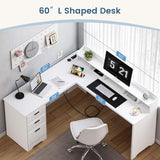 White L Shaped Desk with 3 Drawers, 60 inch White Executive Desk with Drawers and Power Outlet, White L Shaped Desk with File Cabinet, Corner Computer Desk with Moveable Hutch for Bedroom MaverickFurni