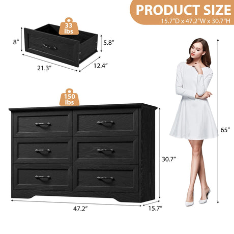 GarveeHome 6 Drawers Dresser for Bedroom, Chest of Drawers with Wide Metal Handle, Farmhouse Modern Wooden Dresser, Natural Texture, Storage Organizer for Bedroom, Living Room, Kids Room(Black) GarveeHome