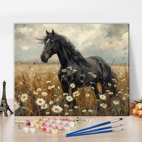TUMOVO Animal Paint by Numbers for Adults Vintage Nostalgic Black Horse in White Flower Field Adults' Paint-by-Number Kits Paint by Number Kits On Canvas for Wall Decor, 16x20 Inch TUMOVO
