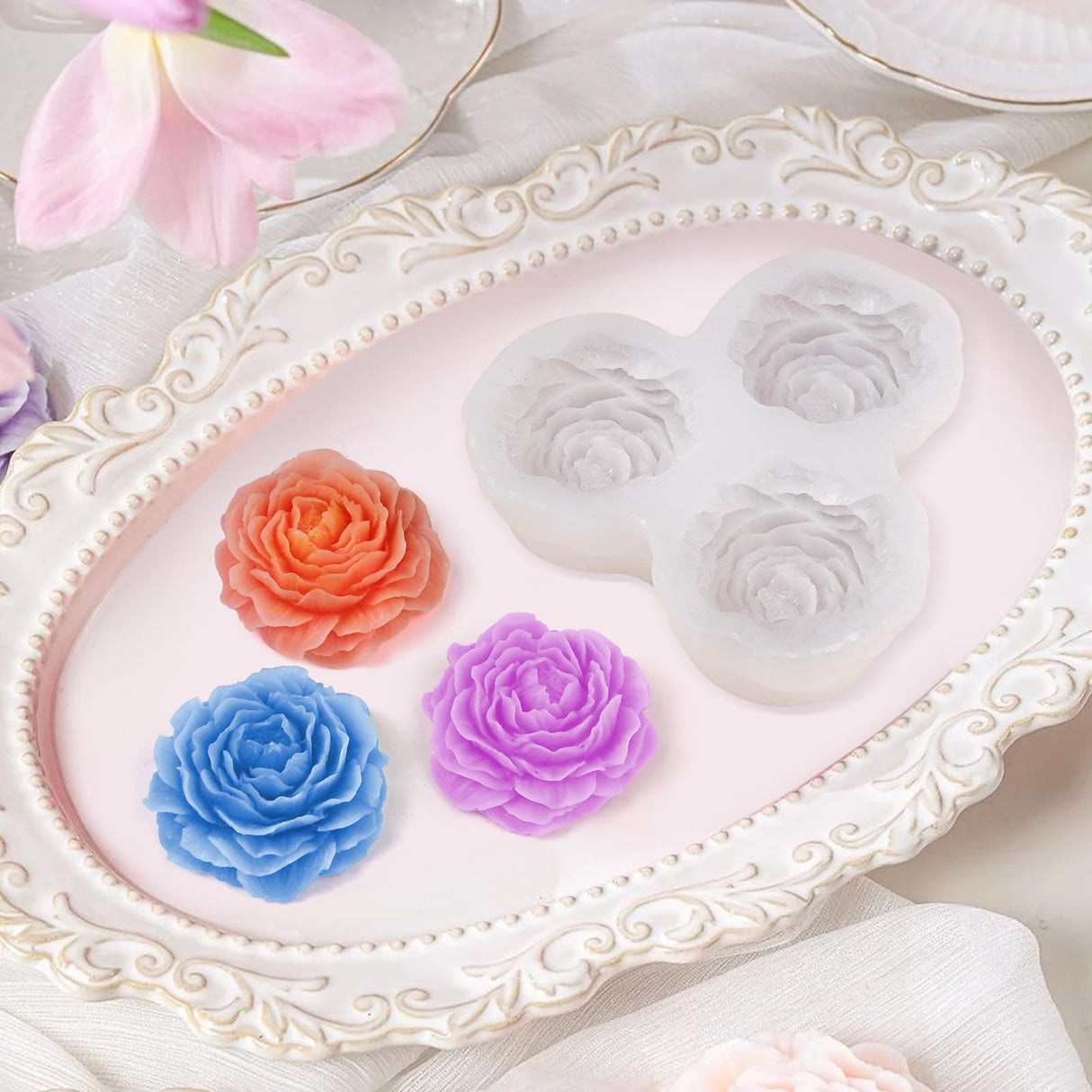 ZQYSING Peony Candle Mold for Candle Making, 3 Cavity Flower Silicone Molds for Epoxy Resin Wax Soap Clay Plaster Tealight Candles Crafts Casting Home Décor Handmade Gifts ZQYSING
