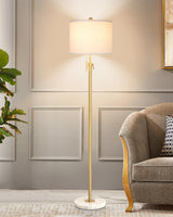 Modern Floor Lamp for Living Room, Adjustable Height Standing Lamp with Marble Base, 3-Way Dimmable Gold Brass Tall Pole Light with White Linen Shade for Reading, Bedroom, Chain Switch, Bulb Included Qingmiao
