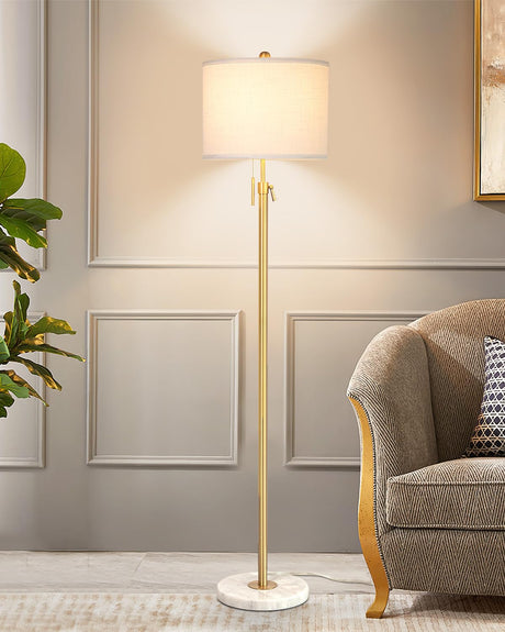 Modern Floor Lamp for Living Room, Adjustable Height Standing Lamp with Marble Base, 3-Way Dimmable Gold Brass Tall Pole Light with White Linen Shade for Reading, Bedroom, Chain Switch, Bulb Included Qingmiao