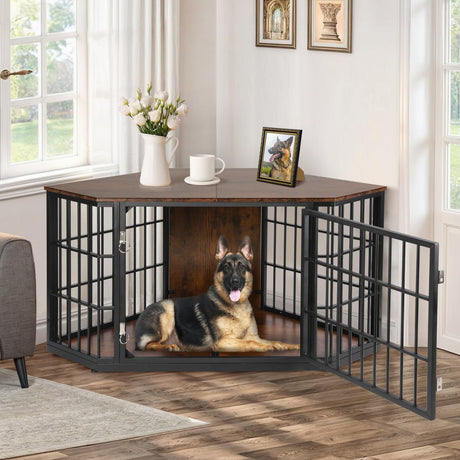 VOWNER 52 Inch Dog Crate Furniture Corner, Wooden Dog Kennel Furniture, End Table Dog Crate for Large Dogs, Indoor Pet Crates Corner Side Table for Dogs, Wide Top Perfect for Limited Room, Brown VOWNER