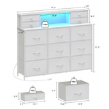 Welfuturer White Dressers for Bedroom with Power Outlets and LED Lights 13 Drawers Dresser Faux Leather Fabric Chest of Drawers for Bedroom Living Room Hallway Entryway Closets Sturdy Frame Wood Top Welfuturer