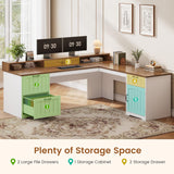 SEDETA Farmhouse L Shaped Desk with Drawers, 63" Office Desk with File Drawers, Wood Corner Computer Desk with Storage, Home Office Desk with Monitor Stand and Storage Cabinet, Brown and White SEDETA