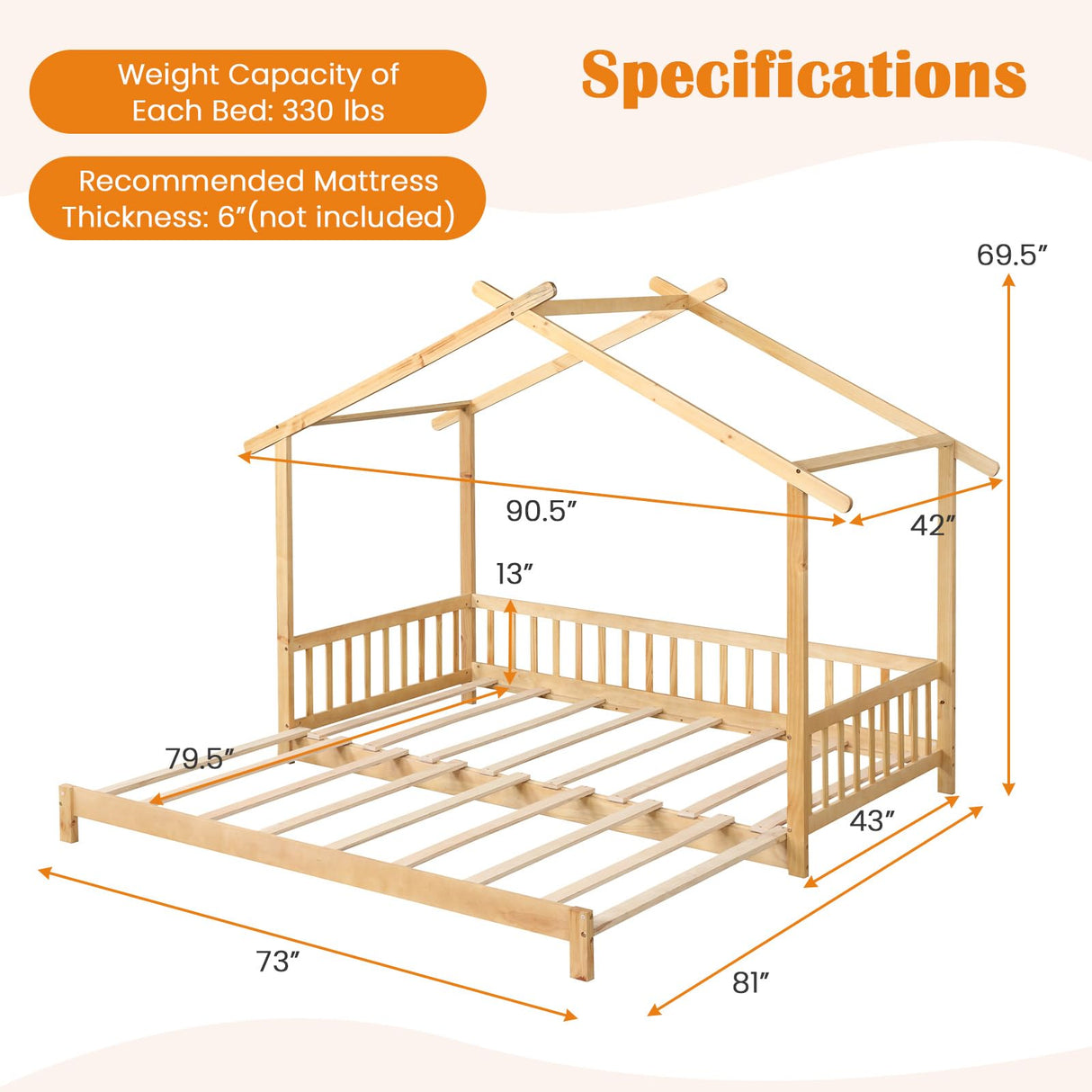 KOMFOTT Wood Extendable House Bed, Twin to King House Daybed with Safety Rails & Decorable Roof, Montessori Daybed, No Box Spring Needed, Roof-Shaped Floor Daybed for Kids, Teens (Natural) KOMFOTT