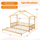 KOMFOTT Wood Extendable House Bed, Twin to King House Daybed with Safety Rails & Decorable Roof, Montessori Daybed, No Box Spring Needed, Roof-Shaped Floor Daybed for Kids, Teens (Natural) KOMFOTT
