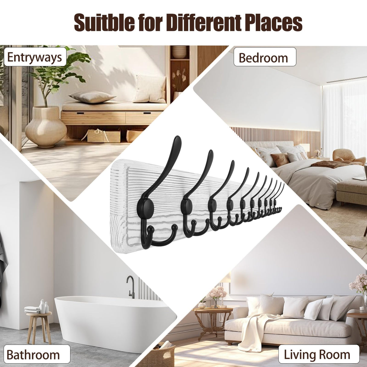 Rustic 38.6" Large Coat Rack Wall Mount, Long Wood Coat Hooks with 10 Triple Hooks, Heavy Duty Wooden Coat Hanger for Entryway, Farmhouse Hanging Jackets, Coats, Hats, Bags,Towel - White Gohiuo