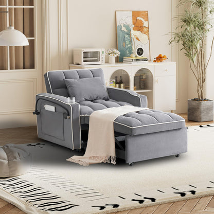 3 in 1 Sleeper Sofa Chair Bed,Velvet Convertible Sleeper Chair Bed,Pull Out Bed Chair With USB Port & Ashtray and Swivel Phone Stand & Storage Pockets,Modern Chair Sleeper Bed for Living Room