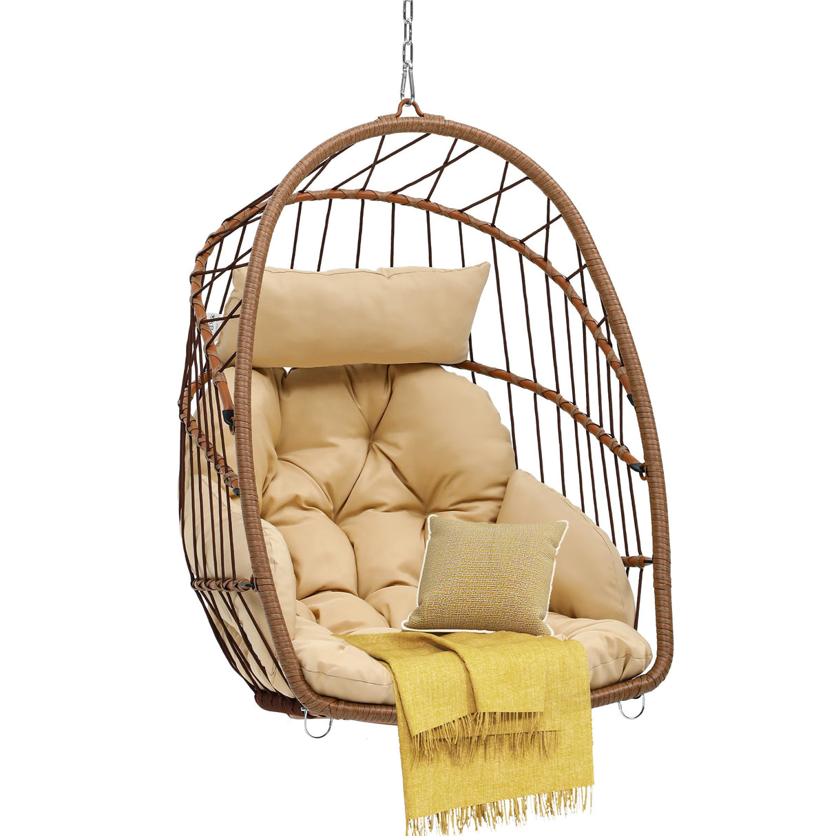 DWVO Egg Chair Without Stand, Basket Chair Hanging Outdoor Rattan Wicker Patio Hammock Indoor Egg Chair with Cushion, Hanging Swing Chair 350lbs for Porch, Garden, Bedroom, Balcony, Beige DWVO