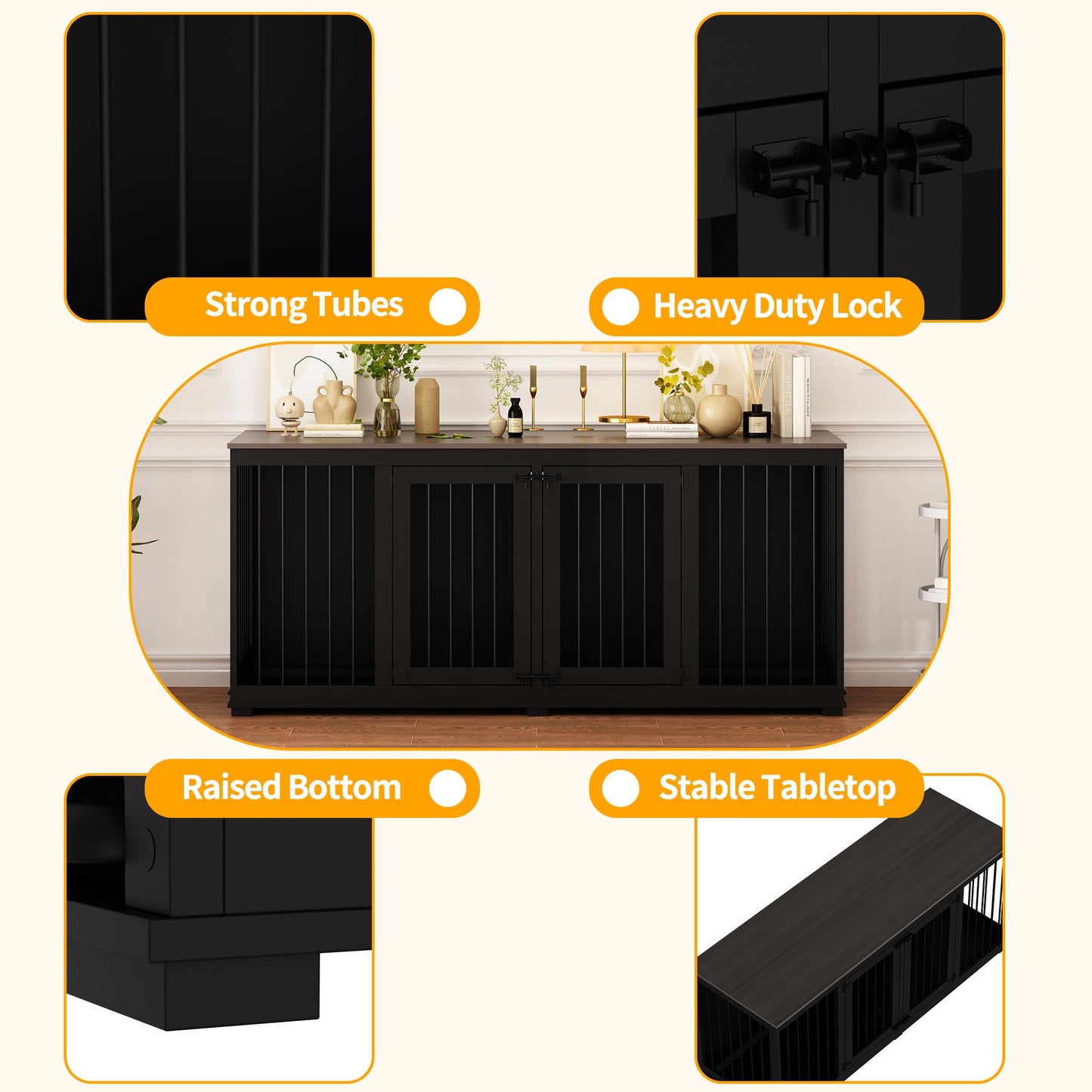 DAWNSPACES Large Funiture Style Dog Crate for 2 Dogs, 70" Wooden Dog Kennel Furniture with Removable Divider & 2 Trays, Indoor Heavy Duty Dog House w/Double Rooms for Large Medium Dogs, Black - WoodArtSupply