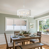 LAMSU Farmhouse Chandeliers for Dining Room, 5-Light Boho Wood Chandelier Light Fixture with Solid Wooden Beaded Shade, Modern Drum Chandeliers for Living Room Kitchen Island Bedroom Foyer, White LAMSU