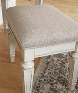 Signature Design by Ashley Realyn Traditional Cottage 3 Drawer Vanity Set with Dovetail Construction, Mirror & Stool Included, Chipped White, Distressed Brown Signature Design by Ashley