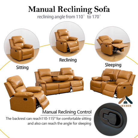 JBXBER Manual Recliner Sofa Set for Living Room, Leather Reclining Sofa Sets, Faux Leather Couch Set with Cup Holders, Drop-Down Table and Storage Console(3 Piece Set,Ginger) JBXBER