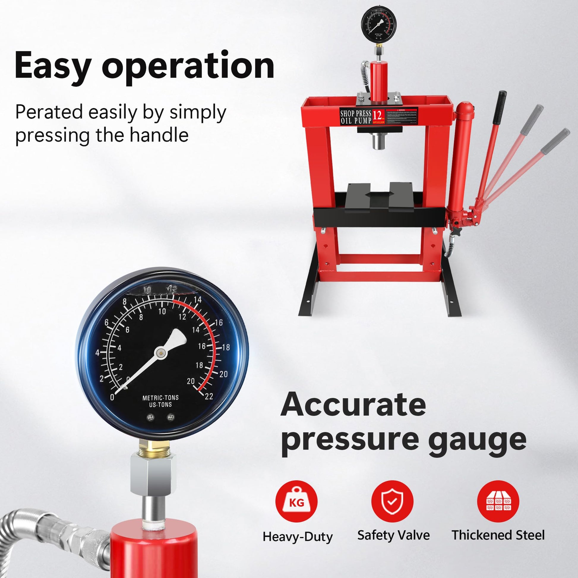 Hydraulic Shop Press, 12Ton H-Frame Garage Shop Benchtop Press with Pressure Gauge & Press Plates, Adjustable Working Table Height Used for Pressing, Bending, and Straightening, Red - WoodArtSupply