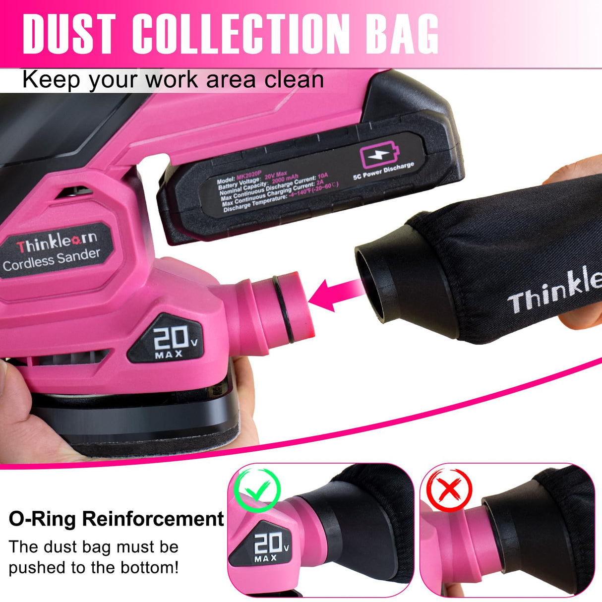 Cordless Detail Sander for Woodworking, 20V Electric Hand Sander for Wood Furniture, Compact Mouse Sander Tool with 2Pcs Batteries, Charger, Sandpapers, and Bag ThinkLearn