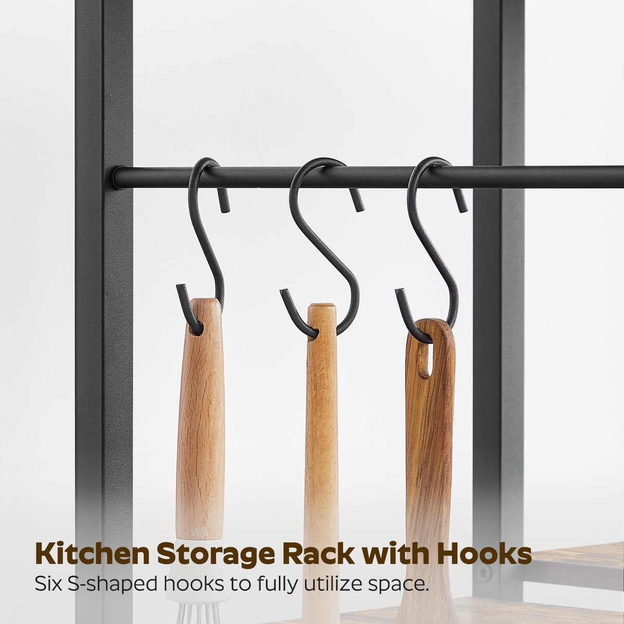 YATINEY Bakers Rack with Power Outlets, 4 Tier Microwave Stand, Coffee Bar Station with 6 S-Shaped Hooks, X-Shaped Back Support, for Kitchen, Dining Room, Living Room, Rustic Brown and Black HB21BR YATINEY