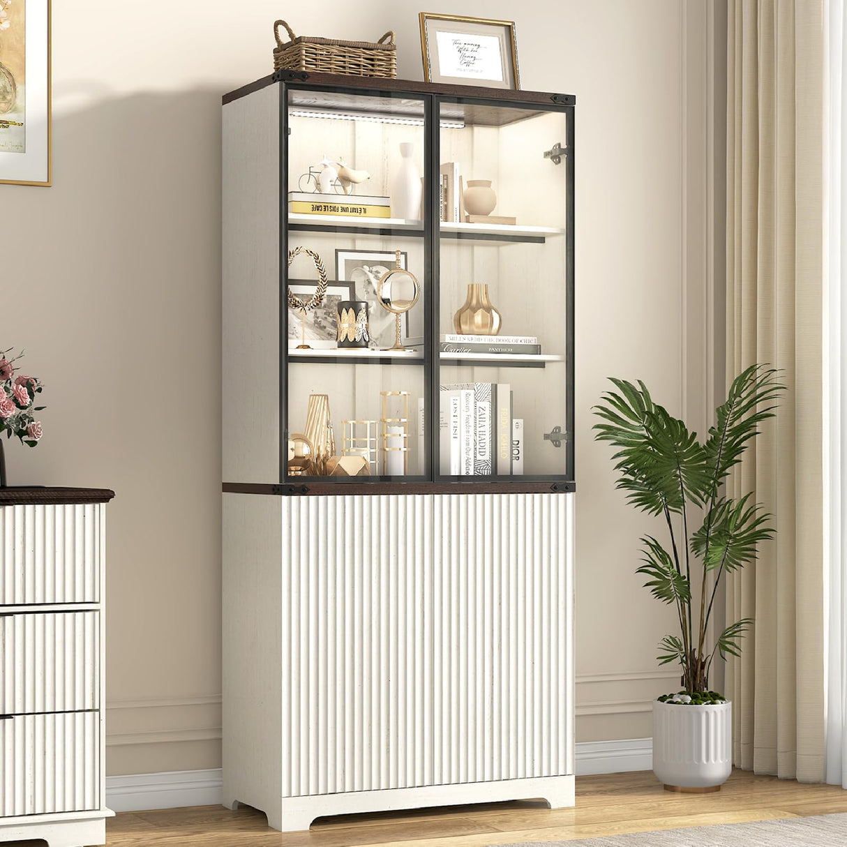 chartustriable 71" Tall Glass Display Cabinet with LED Sensor Light & Pop-up Glass Doors, Modern Fluted Bookcase with Shelves, Curio Storage Cabinet, Living Room, Office, Bedroom, Off White chartustriable